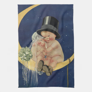 Alte Hochzeit, süßes Brautpaar auf einem Mond Küchentuch