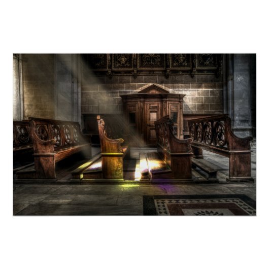 Alte Holzkirchenbank mit Kneeler Poster (Vorderseite)