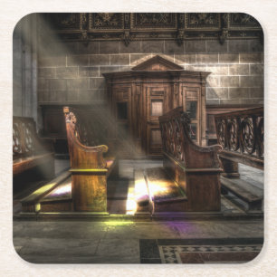 Alte Holzkirchenbank mit Kneeler Rechteckiger Pappuntersetzer