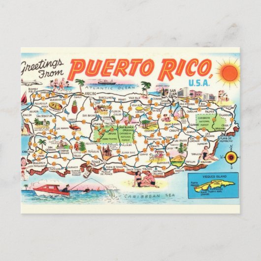 Alte Illustrierte Puerto Rico Karte Postkarte (Vorderseite)