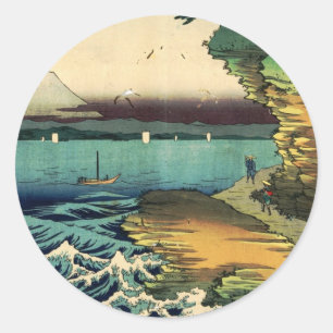 Alte japanische Ukiyo-e Mt. Fuji 房州保田ノ海岸 Runder Aufkleber