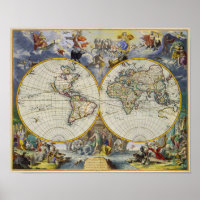Alte Karte der Welt in zwei Hemisphären 1683