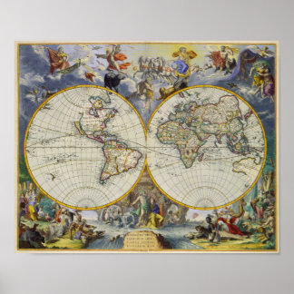 Alte Karte der Welt in zwei Hemisphären 1683 Poster