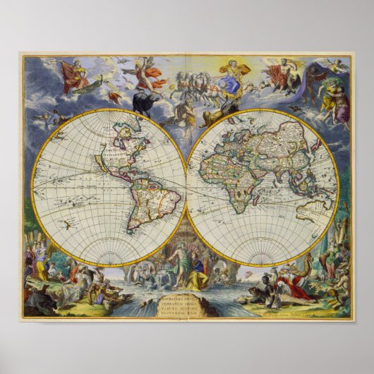 Alte Karte der Welt in zwei Hemisphären 1683 Poster (Vorne)