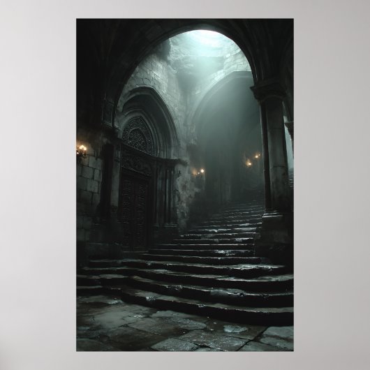 Alte Kathedrale Treppenweg Nebel Licht Poster (Vorne)