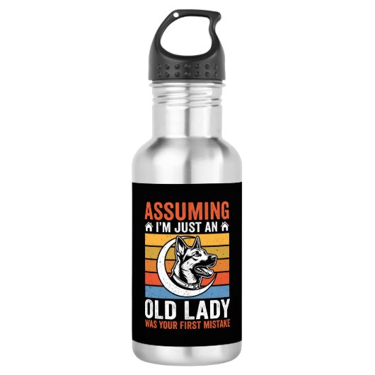 Alte Lady-Hund-Warnung Retro Edelstahlflasche (Vorderseite)