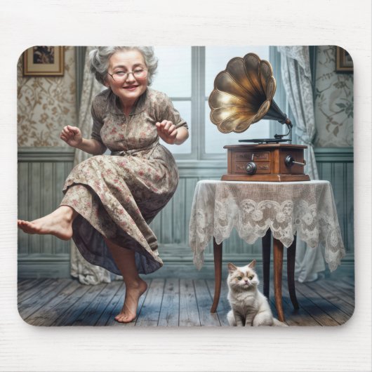 Alte Lady tanzt zu Gramophon Mousepad (Vorne)