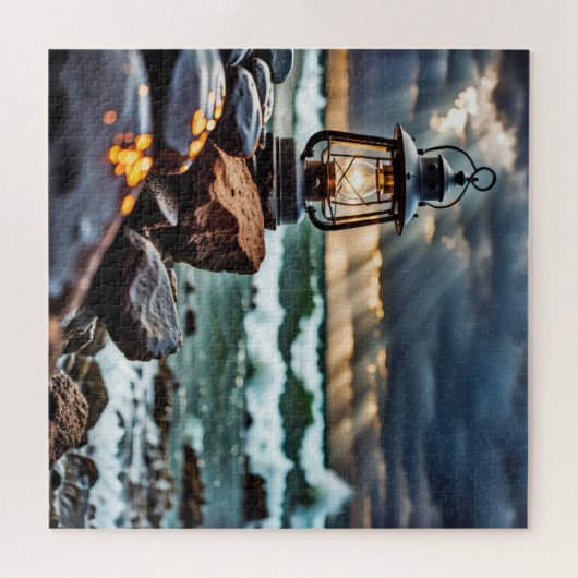 Alte Laterne auf den Felsen des Ozeans Puzzle (Horizontal)