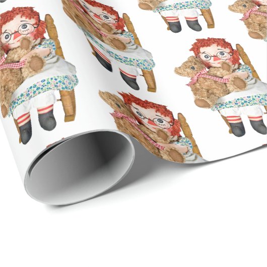 alte Lumpenpuppe mit Teddybär Geschenkpapier (Rolleneckpunkt)