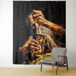 Alte Mann Sanduhr Zeit verrinnt Impasto Wandteppich