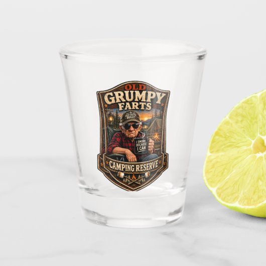 Alte Miesepeter-Campingreservierung Schnapsglas (Vorderseite)
