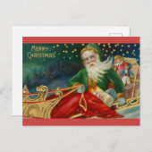 Alte Mode Santa in Green und Pelon in Sleigh Postkarte (Vorne/Hinten)