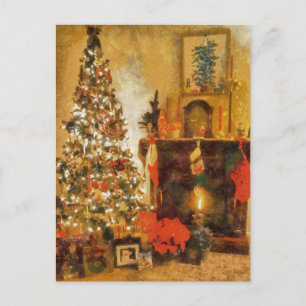 Alte Mode Weihnachtsbaum und Kamin Feiertagspostkarte