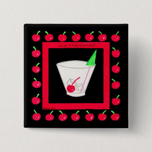 Alte modische Retro Drink Red Cherries auf schwarz Button (Vorderseite)