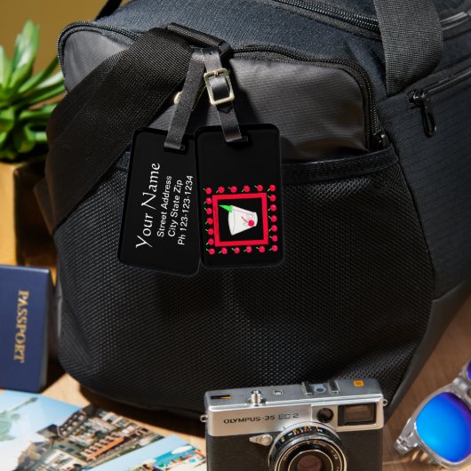 Alte modische Retro Drink Red Cherries auf schwarz Gepäckanhänger (Vorderseite & Rückseite)