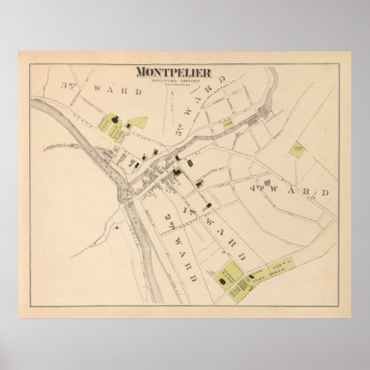 Alte Montpelier VT Karte (1876) Vermont Hauptstadt Poster (Vorne)
