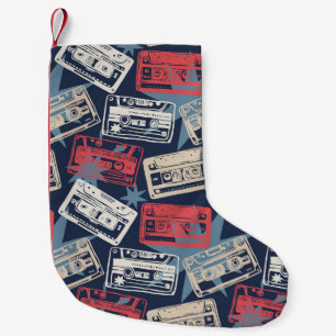 Alte Musik-Kassetten Nahtloses Vintage-Muster Kleiner Weihnachtsstrumpf