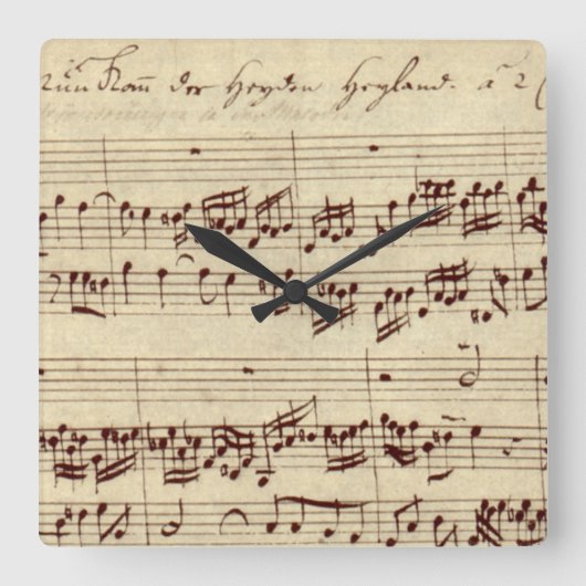 Alte Musiknoten - Bach-Musikblatt Quadratische Wanduhr (Vorderseite)