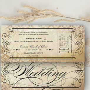 Alte Papier-Ticket-Flourish-Typografie-Hochzeit Einladung