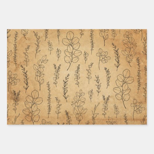 Alte Papiertextur und Linienkunst Eukalyptus  Geschenkpapier Set (Vorderseite 2)