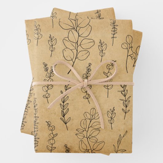 Alte Papiertextur und Linienkunst Eukalyptus Geschenkpapier Set (Beispiel)