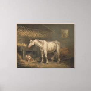 Alte Pferde mit einem Hund in einem Stable von Geo Leinwanddruck