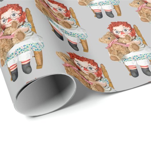 alte Puppe mit Teddybär Geschenkpapier (Rolleneckpunkt)
