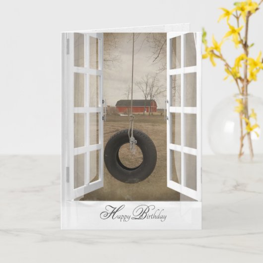 alte Reifenschwung mit Scheune Geburtstag Karte (Gelbe Blume)