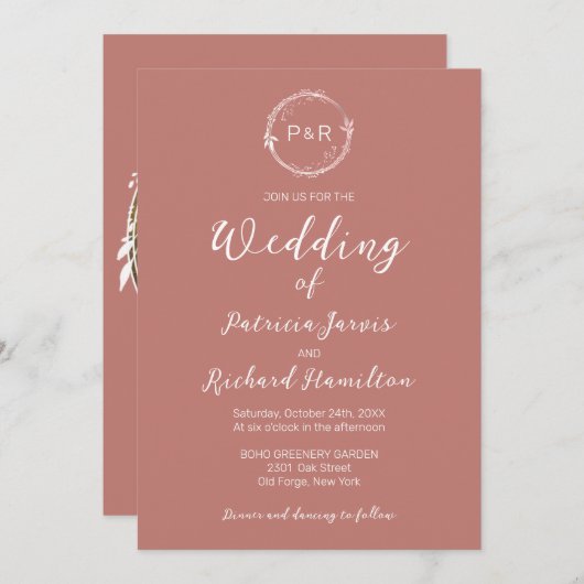 Alte Rose Monogram Elegant Hochzeit Einladung (Vorne/Hinten)