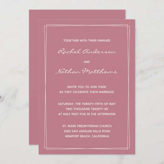 Alte Rose Rosa Minimalistische Hochzeitseinladunge (Vorne/Hinten)