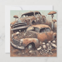 Alte rostige Oldtimer-Autos und Pilze