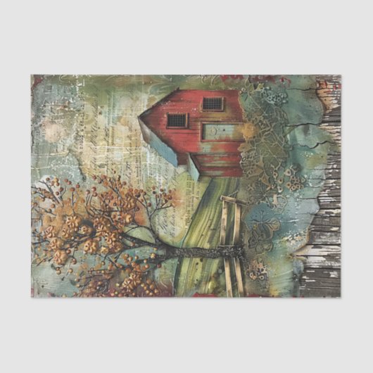 ALTE ROTE BARN IM HERBST DECOUPAGE SEIDENPAPIER (Vorderseite)
