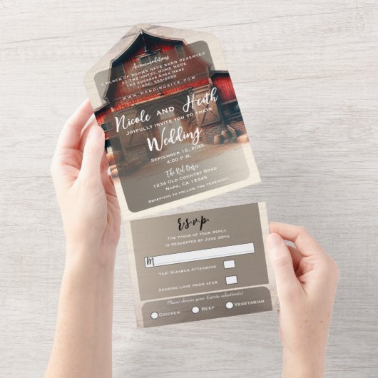 Alte rote Barn Rustikale Hochzeit All In One Einladung (Abreißen)