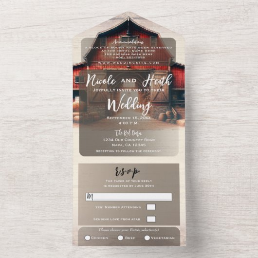 Alte rote Barn Rustikale Hochzeit All In One Einladung (Innen Boden)