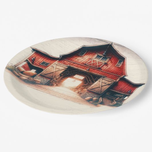 Alte rote Barn Rustikale Hochzeit Pappteller (Schrägansicht)