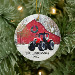 Alte Rote Traktor Weihnachts-Keramik Ornament