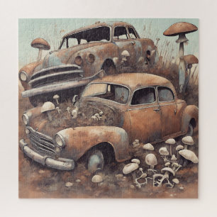 Alte Rusty Vintage Cars und Pilze Puzzle