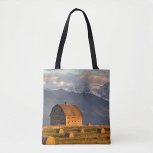 Alte Scheune, eingerahmt von Heuballen und dramati Tasche