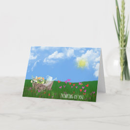 alte Schubkarre mit Blume, die an Sie denken Karte