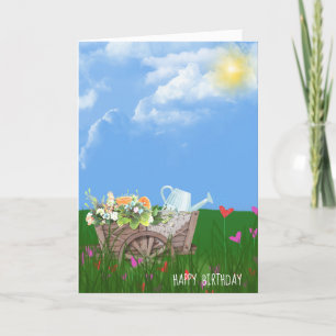 alte Schubkarre mit Blumen zum Geburtstag Karte