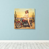 Alte Schule Retro Button-up Mädchen auf Motorrad Leinwanddruck (Insitu (Holzboden))