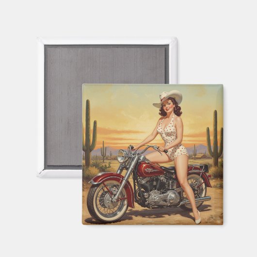 Alte Schule Retro Button-up Mädchen auf Motorrad Magnet (Vorderseite/Rückseite)