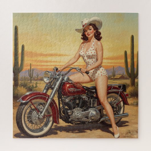 Alte Schule Retro Button-up Mädchen auf Motorrad Puzzle (Vertikal)