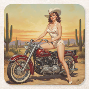 Alte Schule Retro Button-up Mädchen auf Motorrad Rechteckiger Pappuntersetzer
