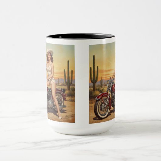 Alte Schule Retro Button-up Mädchen auf Motorrad Tasse (Zentrum)