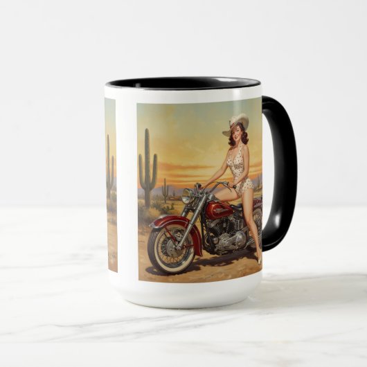 Alte Schule Retro Button-up Mädchen auf Motorrad Tasse (VorderseiteRechts)