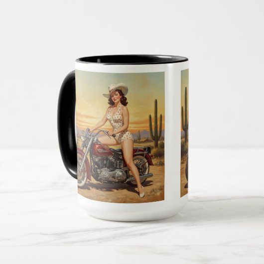 Alte Schule Retro Button-up Mädchen auf Motorrad Tasse (Vorderseite Links)
