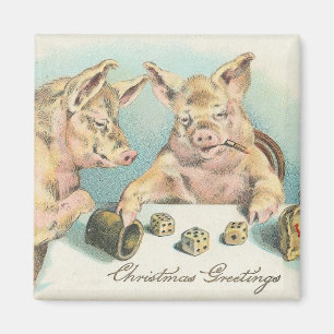 Alte Schweine spielen um Weihnachtsgrüße Magnet