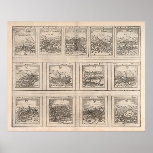 Alte Schweiz Stadt Karte (1575) Poster (Vorne)