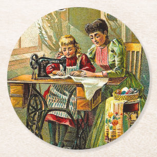 Alte Singer Nähmaschine Mutter und Tochter Runder Pappuntersetzer